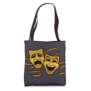 gold comedy and tragedy theater masks tote bag