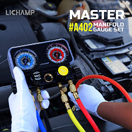 Lichamp HVAC R410A Manifold Gauge Set AC R134A, Freon R22 R32 410A 134A Diagnostic Manifold Gauge with Hose Kit Air Conditioner Refrigerant Recharge Kit