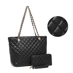 xb tote purse and handbags set for women leather quilted shoulder bag wristlet wallet zipper 2pcs purse set (black)