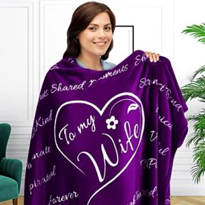 Gifts for Wife Blanket, Romantic Gifts for Her, Wife Gift Ideas, Wife Birthday Gifts from Husband, Gift for Wife Anniversary, I Love You, Blanket, To My Wife Throw Blanket 65" x 50" (Purple)