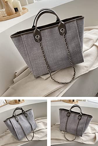 XACKWUERO Women Fashion Classic Canvas Bag Shoulder Handbag Tote Shopper Bag with Chain Shoulder Strap (A Grey)