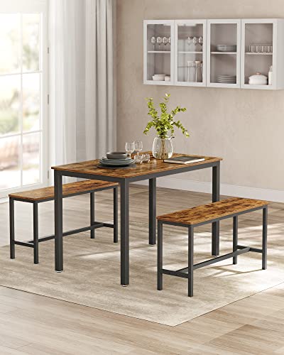 VASAGLE Dining Table Set, Bar Table with 2 Dining Benches, Kitchen Table Counter with Chairs, Industrial for Kitchen Breakfast Table, Living Room, Party Room, Rustic Brown and Black UKDT070B01