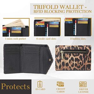 Daisy Rose Trifold Wallet for Women – Multi-Card Organizer with RFID-Blocking Clutch for Women, PU Vegan Leather – Leopard