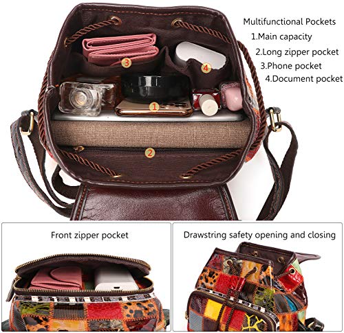 Segater Fashion Women Multicolor Backpack Genuine Leather Colorful Patchwork Shoulder Bag Bohemian Style Handbag