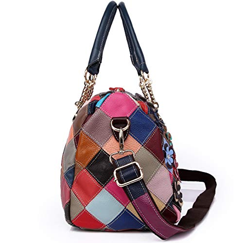 Segater® Women’s Multicolor Floral Boston Bag Genuine Leather Hobo Purses Colorful 3D Splicing Shoulder Bag Ladies Crossbody Bags