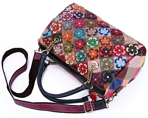 Segater® Women’s Multicolor Floral Boston Bag Genuine Leather Hobo Purses Colorful 3D Splicing Shoulder Bag Ladies Crossbody Bags