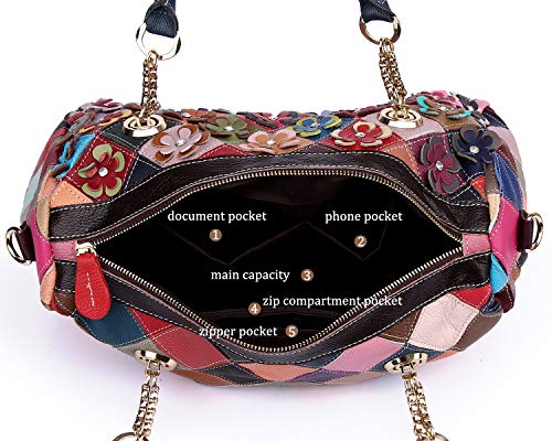 Segater® Women’s Multicolor Floral Boston Bag Genuine Leather Hobo Purses Colorful 3D Splicing Shoulder Bag Ladies Crossbody Bags