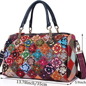 Segater® Women’s Multicolor Floral Boston Bag Genuine Leather Hobo Purses Colorful 3D Splicing Shoulder Bag Ladies Crossbody Bags