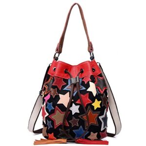 segater® women multicolor drawstring bucket bag genuine leather colorful star stitching handbag purse ladies bohemian design handbag vintage patchwork crossbody bags