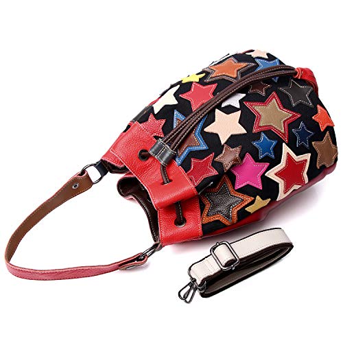 Segater® Women Multicolor Drawstring Bucket Bag Genuine Leather Colorful Star Stitching Handbag Purse Ladies Bohemian Design Handbag Vintage Patchwork Crossbody Bags