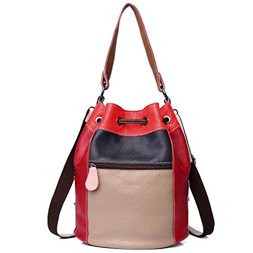 Segater® Women Multicolor Drawstring Bucket Bag Genuine Leather Colorful Star Stitching Handbag Purse Ladies Bohemian Design Handbag Vintage Patchwork Crossbody Bags