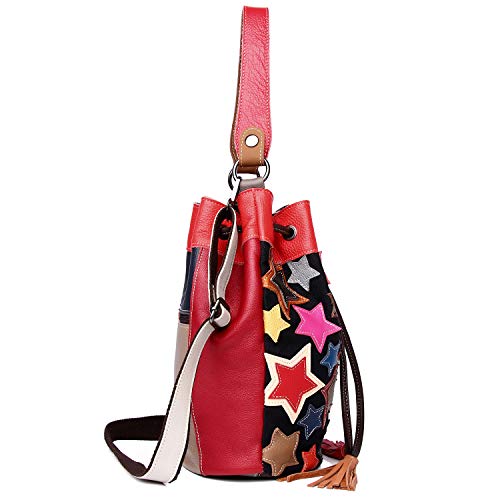 Segater® Women Multicolor Drawstring Bucket Bag Genuine Leather Colorful Star Stitching Handbag Purse Ladies Bohemian Design Handbag Vintage Patchwork Crossbody Bags