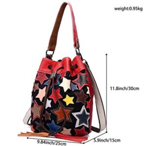 Segater® Women Multicolor Drawstring Bucket Bag Genuine Leather Colorful Star Stitching Handbag Purse Ladies Bohemian Design Handbag Vintage Patchwork Crossbody Bags