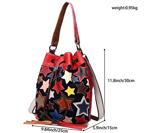 Segater® Women Multicolor Drawstring Bucket Bag Genuine Leather Colorful Star Stitching Handbag Purse Ladies Bohemian Design Handbag Vintage Patchwork Crossbody Bags