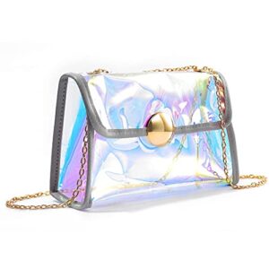 zeelina hologram clear crossbody purse bag pink shoulder tote handbag see through party tarvel beach jelly clutch bag messenger with chains for women and girls (gray)