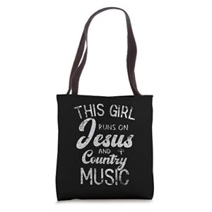 christian women’s this girl runs on jesus and country music tote bag