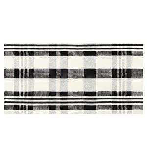 Seavish Porch Rug,Buffalo Plaid Outdoor Rug, Black White Front Door Decor Cotton Hand-Woven Checkered Washable Runner for Layered Door Mats Farmhouse Entryway Kitchen Bathroom Patio(2'x4.3')