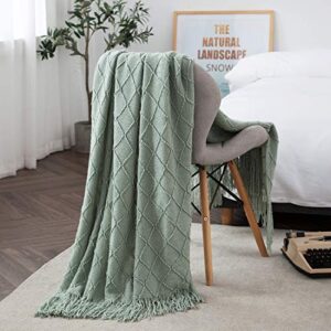 treely aqua throw blanket with fringe tassels knitted throw blanket textured solid decorative knit blanket for bed couch, 50″ x 67.7″, aqua