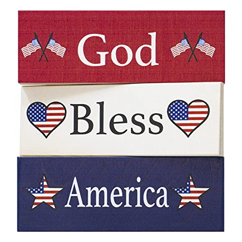 JennyGems God Bless America Wooden Block Sign Set, Patriotic Decor for Shelf, Table or Tiered Tray, Americana Made in USA