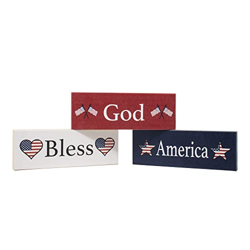 JennyGems God Bless America Wooden Block Sign Set, Patriotic Decor for Shelf, Table or Tiered Tray, Americana Made in USA