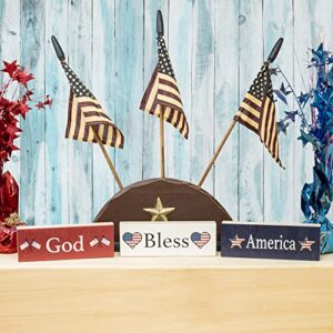 JennyGems God Bless America Wooden Block Sign Set, Patriotic Decor for Shelf, Table or Tiered Tray, Americana Made in USA