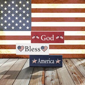 JennyGems God Bless America Wooden Block Sign Set, Patriotic Decor for Shelf, Table or Tiered Tray, Americana Made in USA