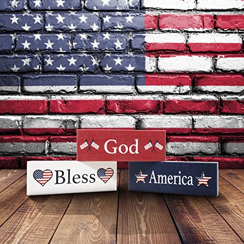 JennyGems God Bless America Wooden Block Sign Set, Patriotic Decor for Shelf, Table or Tiered Tray, Americana Made in USA