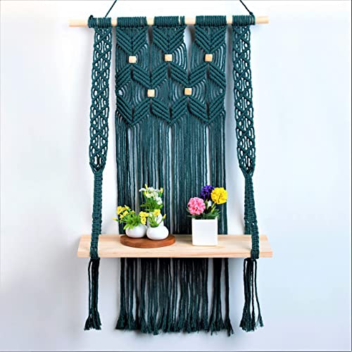 Macrame Wall Hanging Shelf-ideal décor-plants storage bookshelf-Bohemian Decorative Shelves-Boho Floating Indoor Shelving–For bedroom kitchen bathroom room with window Plant hanger-shelfs. Green