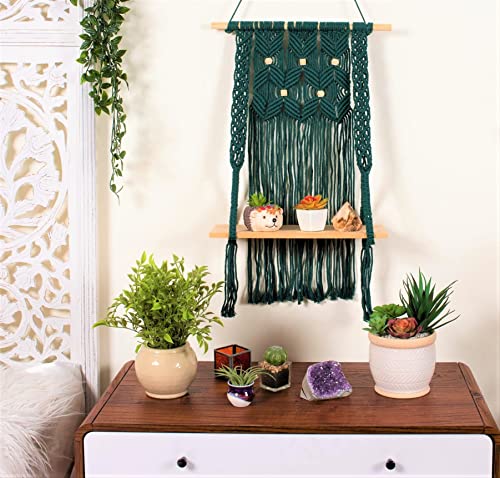 Macrame Wall Hanging Shelf-ideal décor-plants storage bookshelf-Bohemian Decorative Shelves-Boho Floating Indoor Shelving–For bedroom kitchen bathroom room with window Plant hanger-shelfs. Green