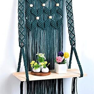 Macrame Wall Hanging Shelf-ideal décor-plants storage bookshelf-Bohemian Decorative Shelves-Boho Floating Indoor Shelving–For bedroom kitchen bathroom room with window Plant hanger-shelfs. Green