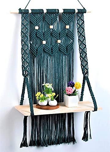 Macrame Wall Hanging Shelf-ideal décor-plants storage bookshelf-Bohemian Decorative Shelves-Boho Floating Indoor Shelving–For bedroom kitchen bathroom room with window Plant hanger-shelfs. Green