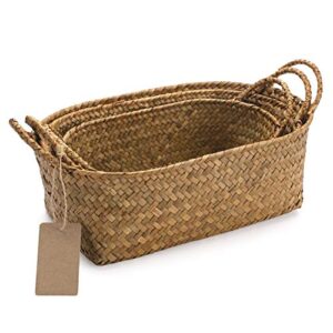 seagrass woven baskets for storage natural shelf basket with handle for organizer stackable oval set of 3 (large+medium+small)