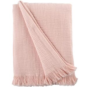 sticky toffee blush pink muslin throw blanket with fringe, oeko-tex cotton muslin blankets for adults, soft lightweight and breathable throw blankets for couch bed or sofa, 50 in x 60 in