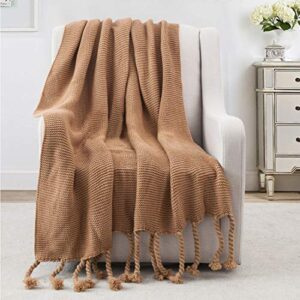 revdomfly brown throw blanket knitted throw blanket with fringe tassels warm cozy woven blankets for couch bed chair, 51.2″ x 67″