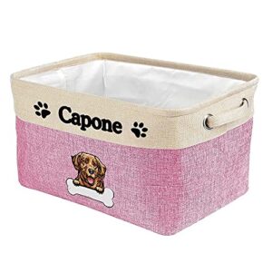 MALIHONG Personalized Foldable Storage Basket with Lovely Dog Golden Retriever Collapsible Sturdy Fabric Bone Pet Toys Storage Bin Cube with Handles for Organizing Shelf Home Closet, Pink and White