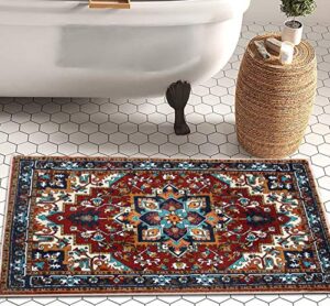 yokii southwest persian oriental bathroom rug shaggy soft faux wool rubber backing non-slip bath mat boho vintage tribal traditional shag bath rugs floral medallion washable (red, 16 x 24)