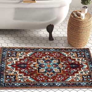 YoKii Southwest Persian Oriental Bathroom Rug Shaggy Soft Faux Wool Rubber Backing Non-Slip Bath Mat Boho Vintage Tribal Traditional Shag Bath Rugs Floral Medallion Washable (Red, 16 x 24)