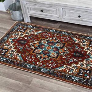 YoKii Southwest Persian Oriental Bathroom Rug Shaggy Soft Faux Wool Rubber Backing Non-Slip Bath Mat Boho Vintage Tribal Traditional Shag Bath Rugs Floral Medallion Washable (Red, 16 x 24)