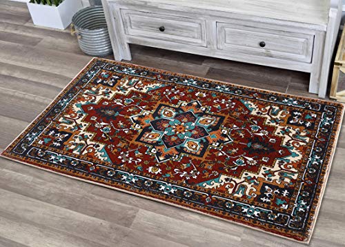 YoKii Southwest Persian Oriental Bathroom Rug Shaggy Soft Faux Wool Rubber Backing Non-Slip Bath Mat Boho Vintage Tribal Traditional Shag Bath Rugs Floral Medallion Washable (Red, 16 x 24)