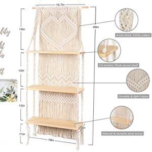 Macrame Wall Hanging Shelf-ideal décor-plants storage bookshelf-Bohemian Decorative Shelves-Boho Floating Indoor Shelving–For bedroom kitchen bathroom room with window Plant hanger 3 Tier Heart