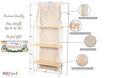 Macrame Wall Hanging Shelf-ideal décor-plants storage bookshelf-Bohemian Decorative Shelves-Boho Floating Indoor Shelving–For bedroom kitchen bathroom room with window Plant hanger 3 Tier Heart