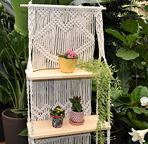 Macrame Wall Hanging Shelf-ideal décor-plants storage bookshelf-Bohemian Decorative Shelves-Boho Floating Indoor Shelving–For bedroom kitchen bathroom room with window Plant hanger 3 Tier Heart