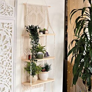 Macrame Wall Hanging Shelf-ideal décor-plants storage bookshelf-Bohemian Decorative Shelves-Boho Floating Indoor Shelving–For bedroom kitchen bathroom room with window Plant hanger 3 Tier Heart