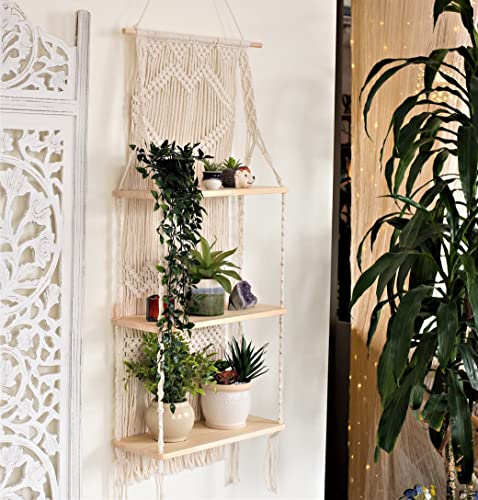 Macrame Wall Hanging Shelf-ideal décor-plants storage bookshelf-Bohemian Decorative Shelves-Boho Floating Indoor Shelving–For bedroom kitchen bathroom room with window Plant hanger 3 Tier Heart