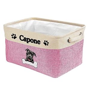 malihong custom foldable storage basket with lovely dog pit bull collapsible sturdy fabric bone pet toys storage bin cube with handles for organizing shelf home closet, pink and white
