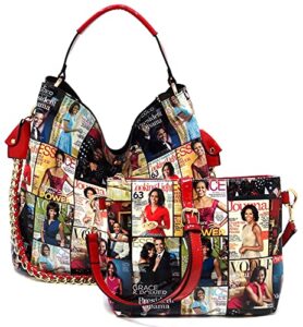 2pcs set michelle obama pop art print collage 2-in-1 satchel bag,clutch,wallet 2pcs set (hobo-multi/red)