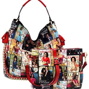 2PCS SET Michelle Obama Pop Art Print Collage 2-in-1 Satchel Bag,Clutch,Wallet 2pcs set (Hobo-Multi/red)