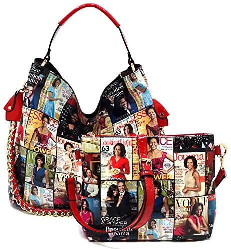 2PCS SET Michelle Obama Pop Art Print Collage 2-in-1 Satchel Bag,Clutch,Wallet 2pcs set (Hobo-Multi/red)