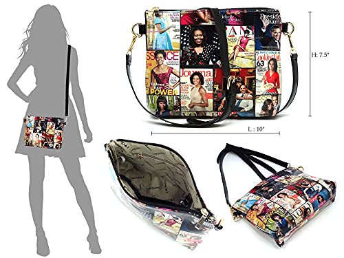 2PCS SET Michelle Obama Pop Art Print Collage 2-in-1 Satchel Bag,Clutch,Wallet 2pcs set (Hobo-Multi/red)