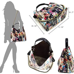 2PCS SET Michelle Obama Pop Art Print Collage 2-in-1 Satchel Bag,Clutch,Wallet 2pcs set (Hobo-Multi/red)